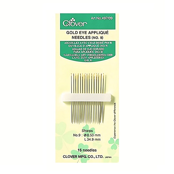 Pack of gold eye applique needles with Clover branding.