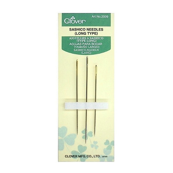 Pack of three long sashiko needles with Clover branding.