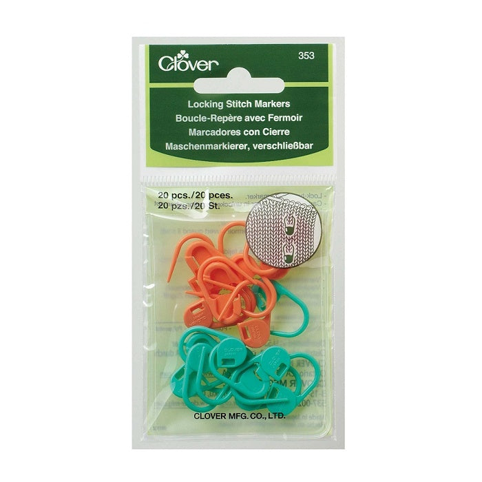 Packaged locking stitch markers in two colours.