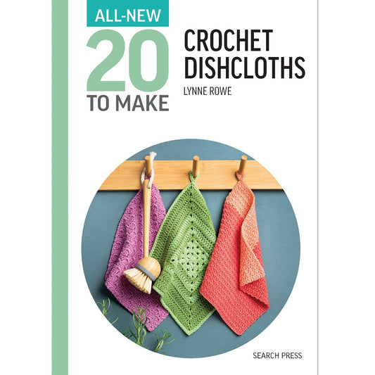 Three colourful crochet dishcloths on a wooden peg rack.