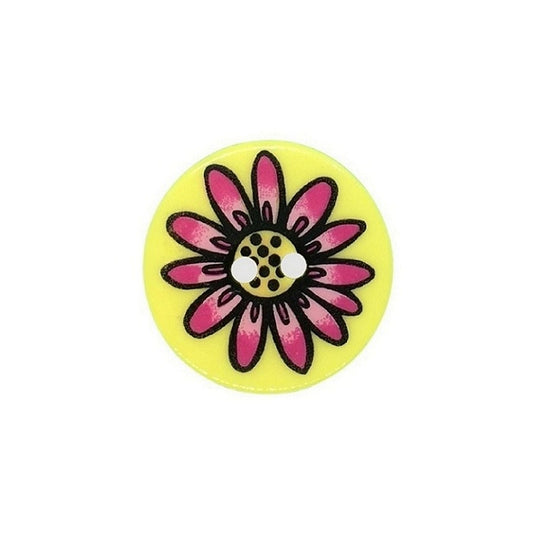Colourful yellow button with a pink daisy design.