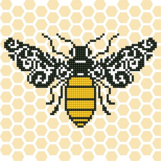 Pixelated bee design on a honeycomb background