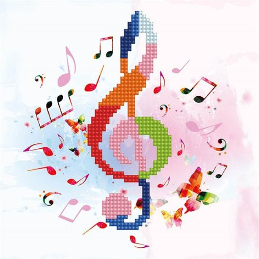 Colorful pixel art style musical note with smaller notes around.