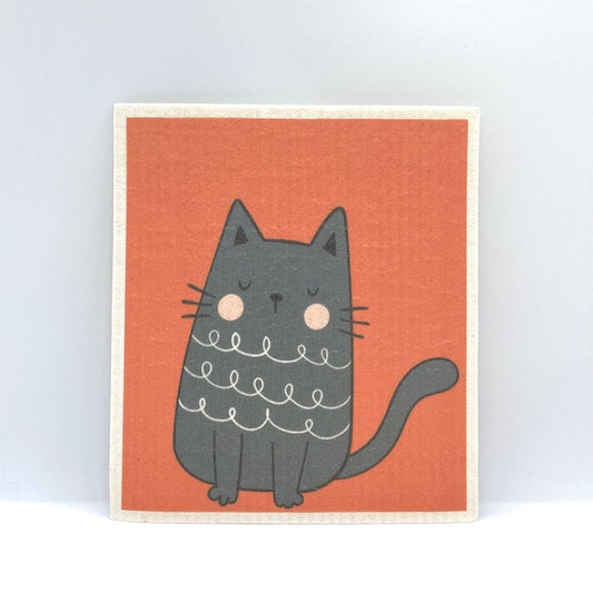 Dark grey cartoon cat with eyes closed on an orange background.