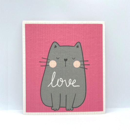 Grey cat with eyes closed on a pink background.