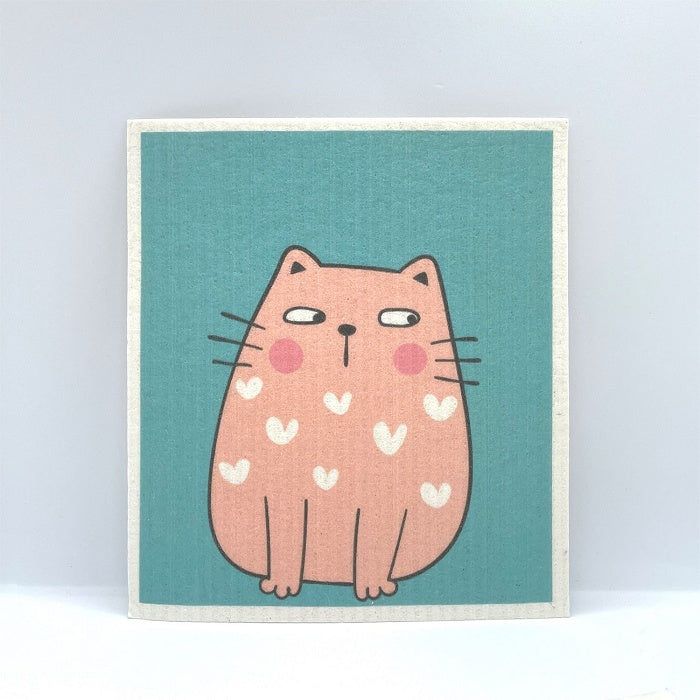 Cartoon cat with white hearts looking sideways.