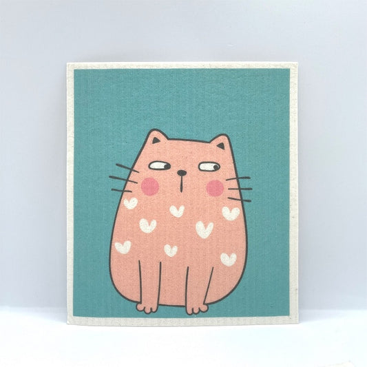 Cartoon cat with white hearts looking sideways.