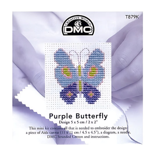 Purple butterfly embroidery kit with DMC branding.