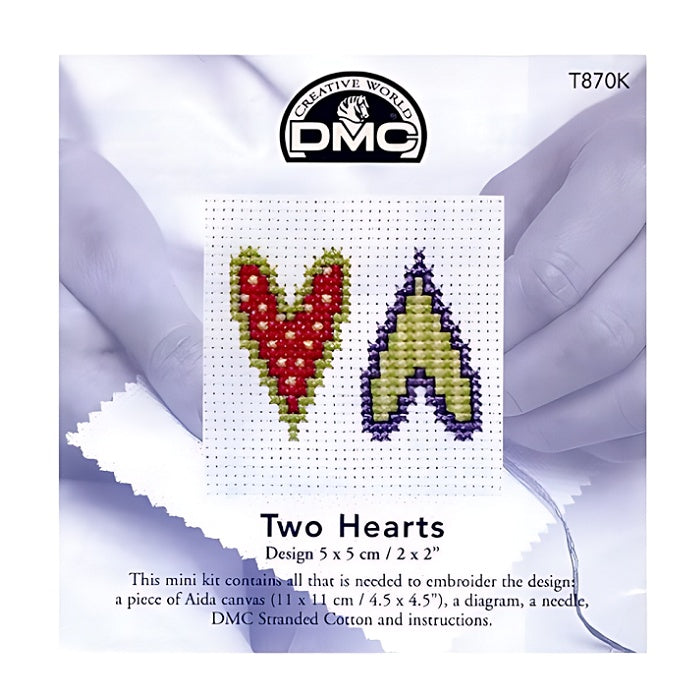DMC embroidery kit with two colourful hearts design.