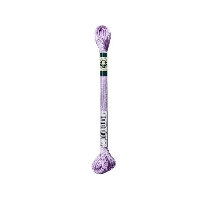 Skein of lilac embroidery floss with DMC branding.