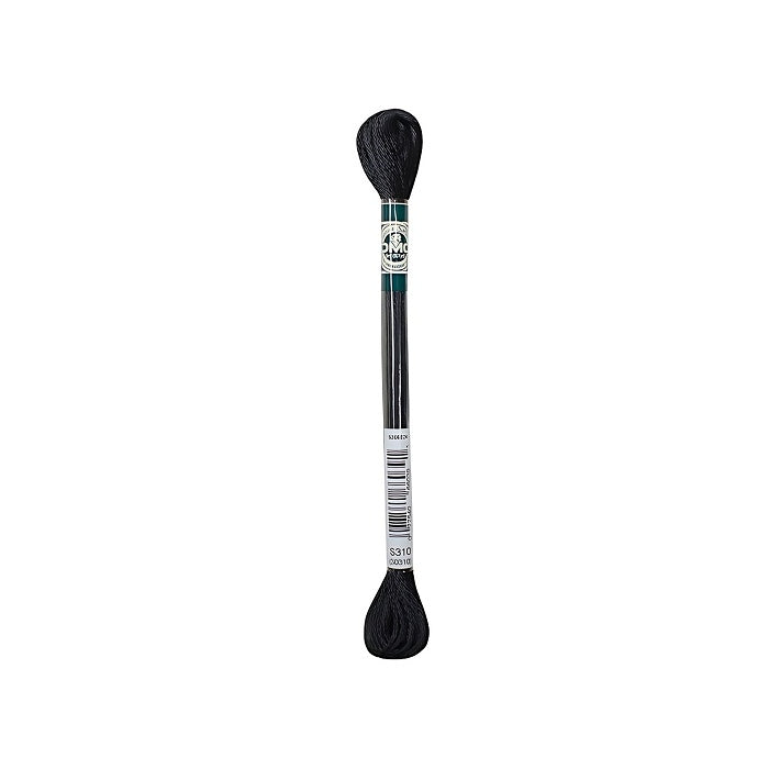 Skein of black embroidery floss with DMC branding.