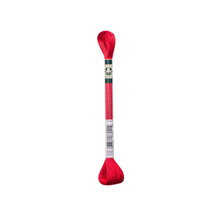 Skein of red embroidery floss with DMC branding.