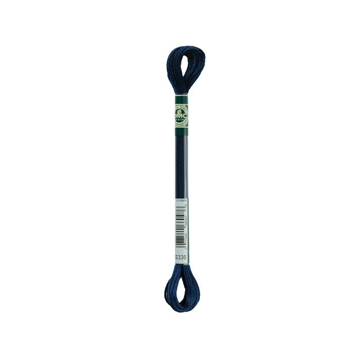 Skein of navy embroidery floss with DMC branding.