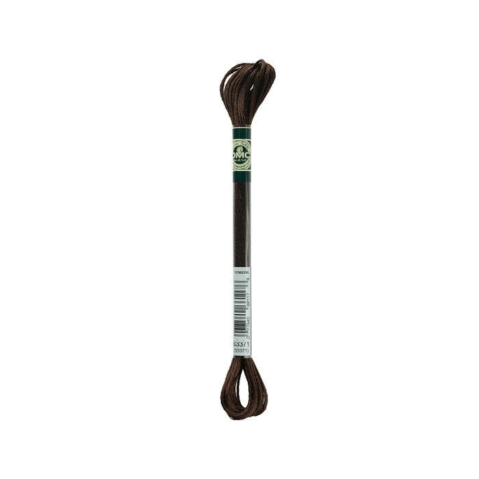 Skein of dark chocolate brown embroidery floss with DMC branding.