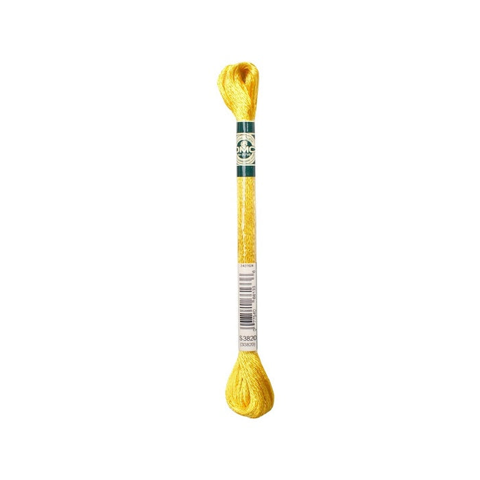 Skein of bright yellow embroidery floss with DMC branding.