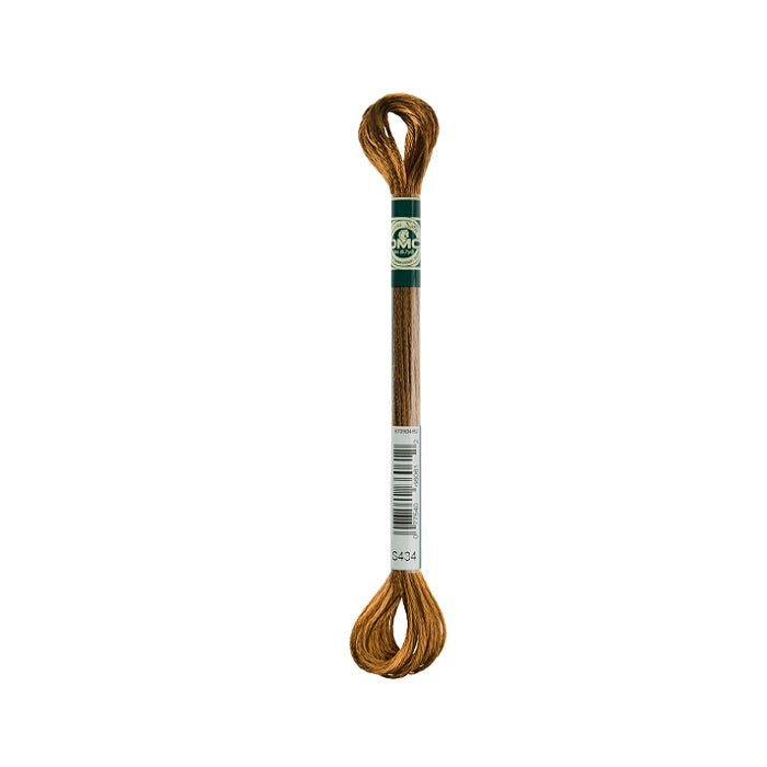 Skein of dark caramel brown embroidery floss with DMC branding.