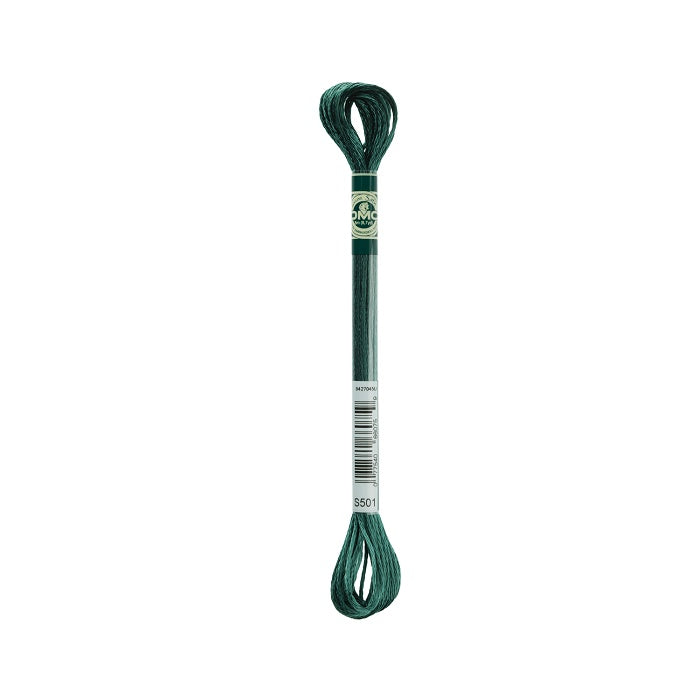 Skein of green embroidery floss with DMC branding.