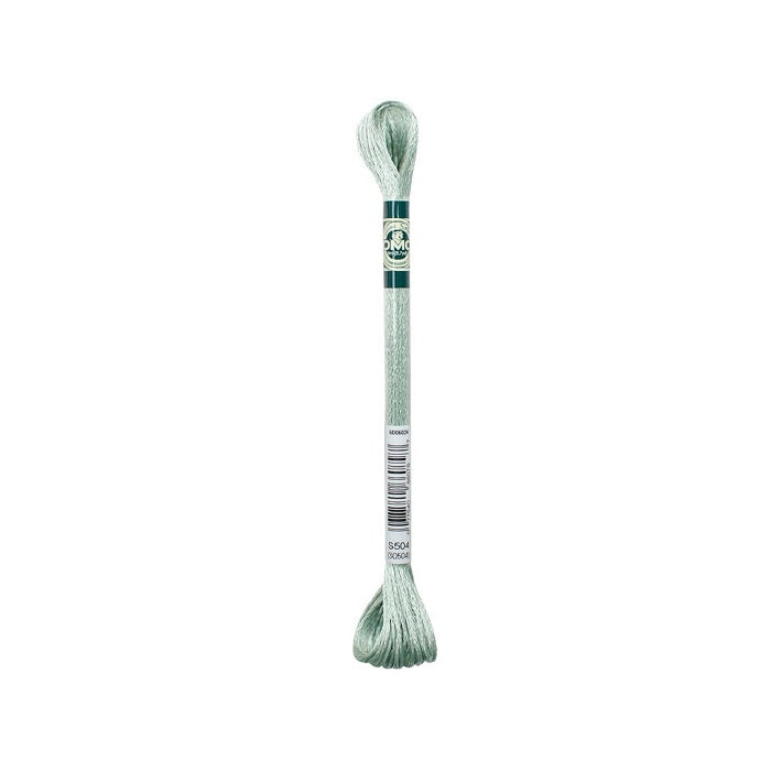 Skein of pale green embroidery floss with DMC branding.
