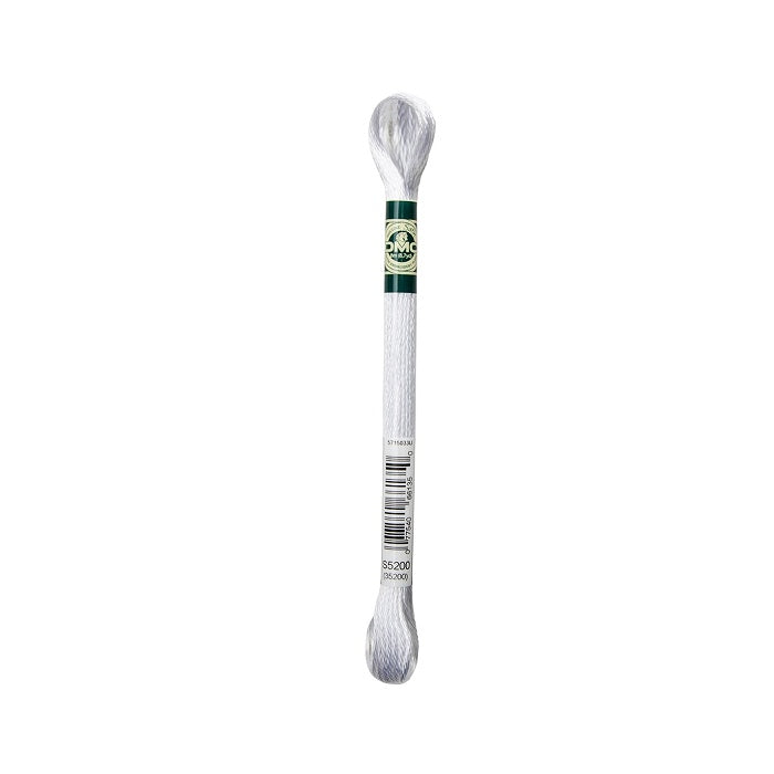 Skein of white embroidery floss with DMC branding.