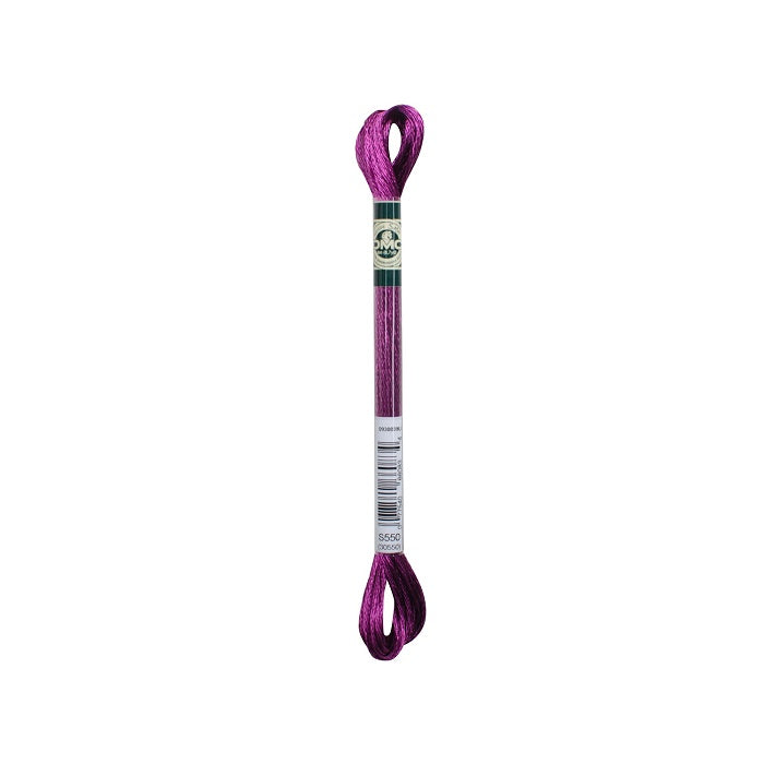 Skein of crimson embroidery floss with DMC branding.