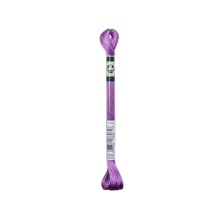 Skein of mauve embroidery floss with DMC branding.