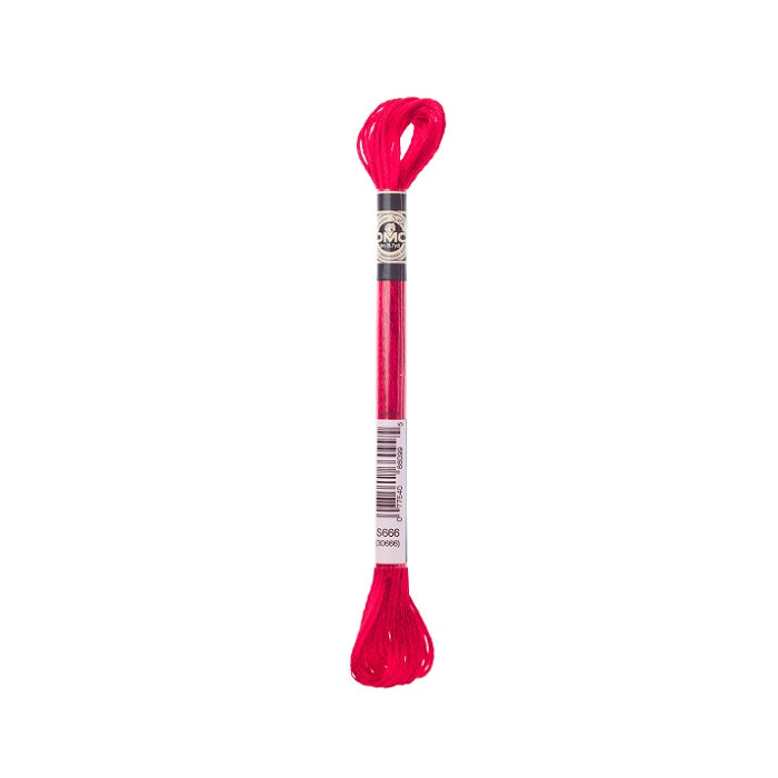 Skein of bright red embroidery floss with DMC branding.