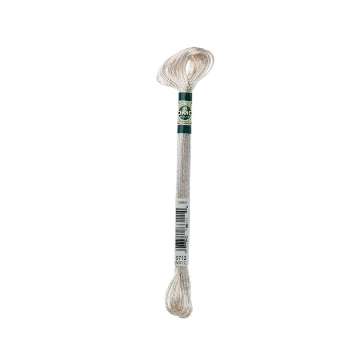 Skein of very light silver embroidery floss with DMC branding.