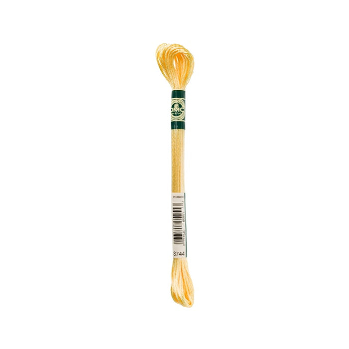 Skein of yellow embroidery floss with DMC branding.