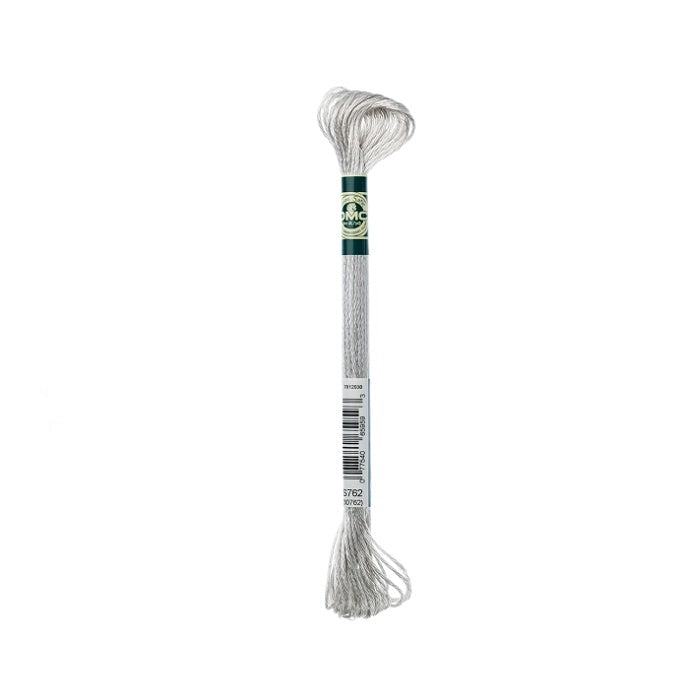 Skein of silver embroidery floss with DMC branding.