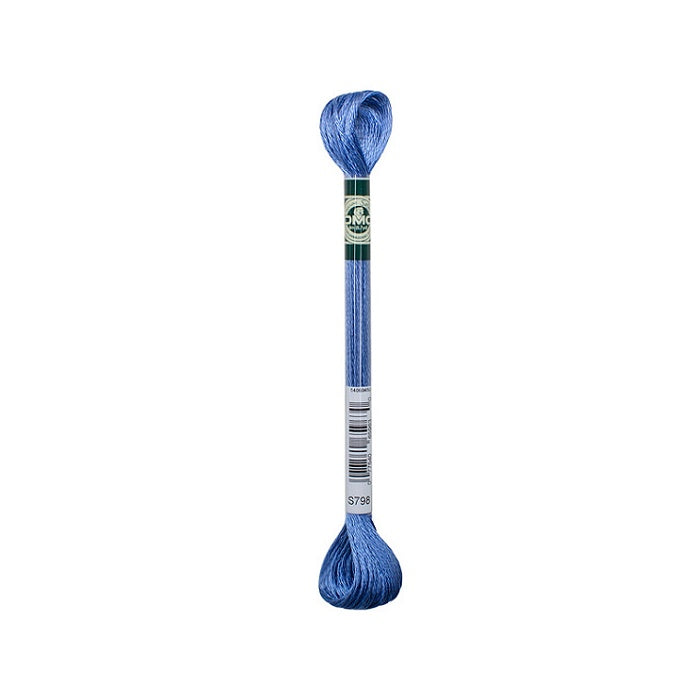 Skein of blue embroidery floss with DMC branding.