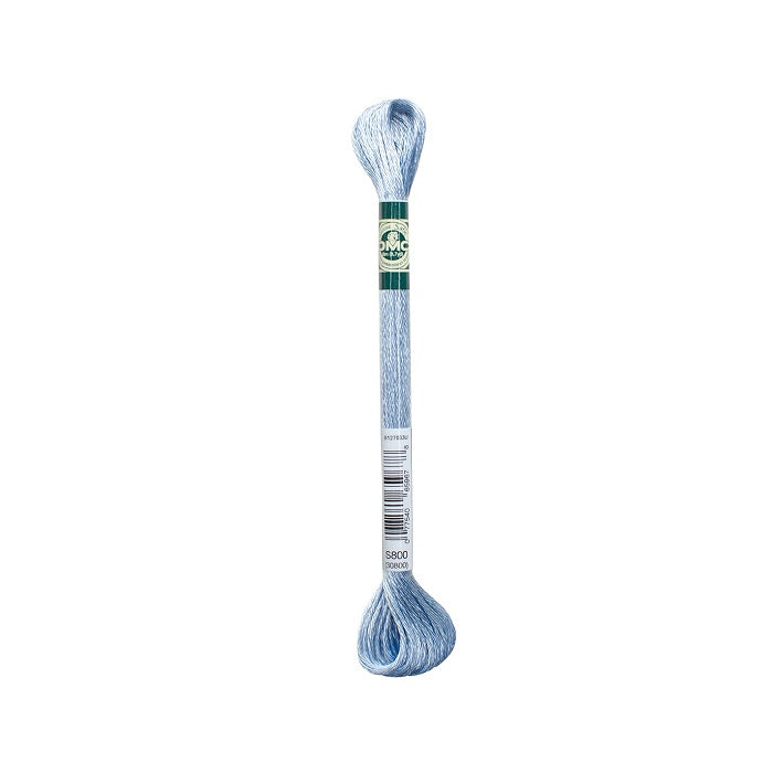 Skein of light blue embroidery floss with DMC branding.