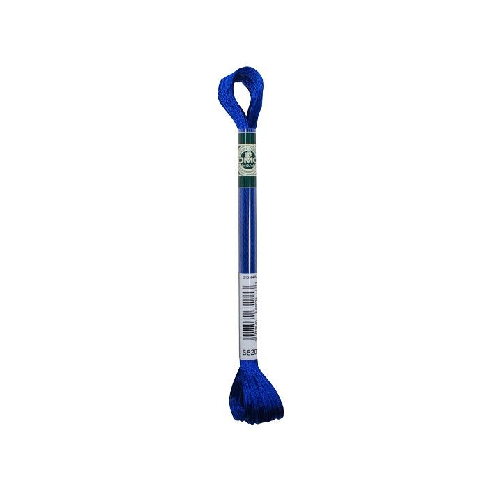 Skein of royal blue embroidery floss with DMC branding.