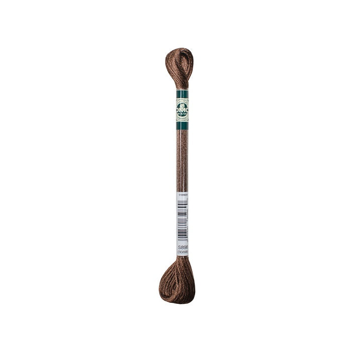 Skein of brown embroidery floss with DMC branding.
