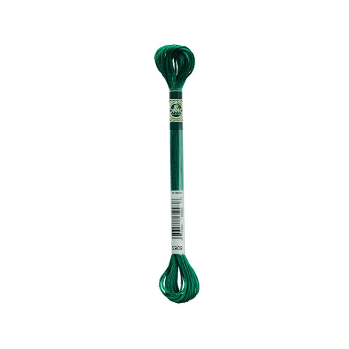 Skein of green embroidery floss with DMC branding.