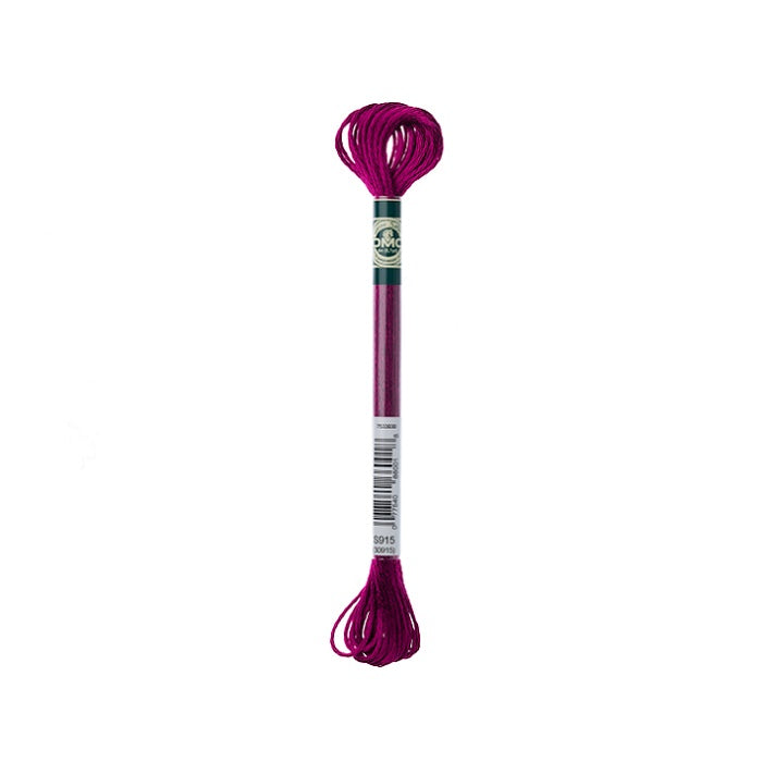 Skein of crimson embroidery floss with DMC branding.