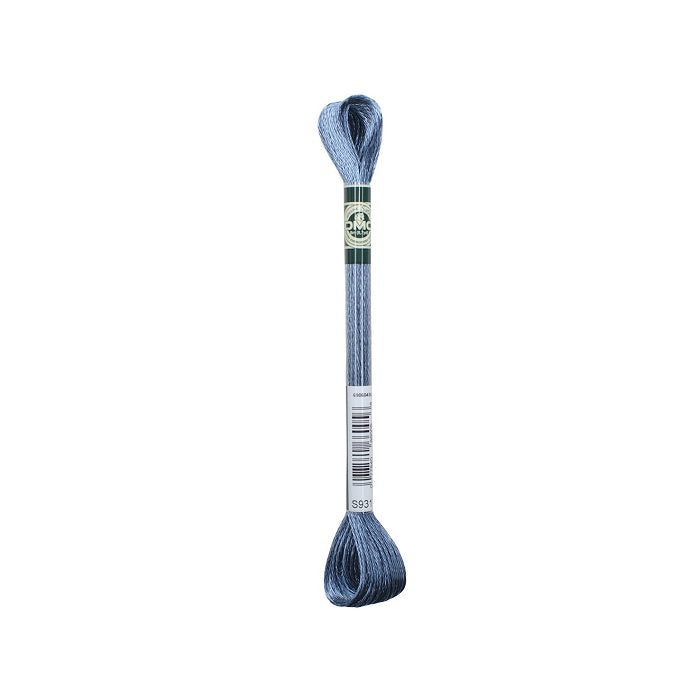 Skein of blue silver embroidery floss with DMC branding.