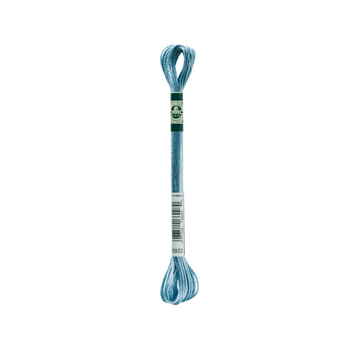 Skein of light blue embroidery floss with DMC branding.