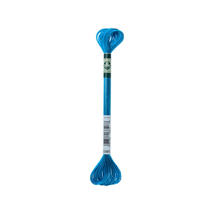 Skein of turquoise blue embroidery floss with DMC branding.