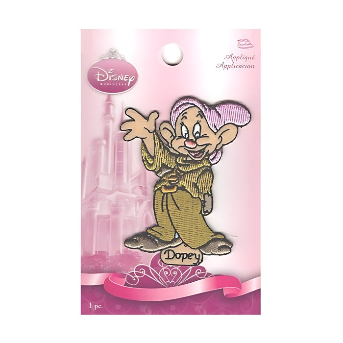Smiling waving Dopey applique with Wrights branding.