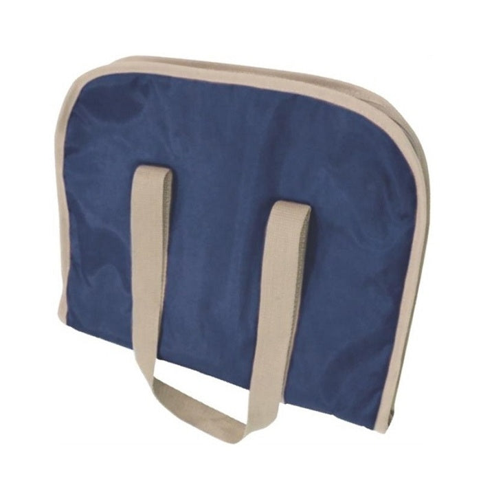 Blue bag with beige handles.