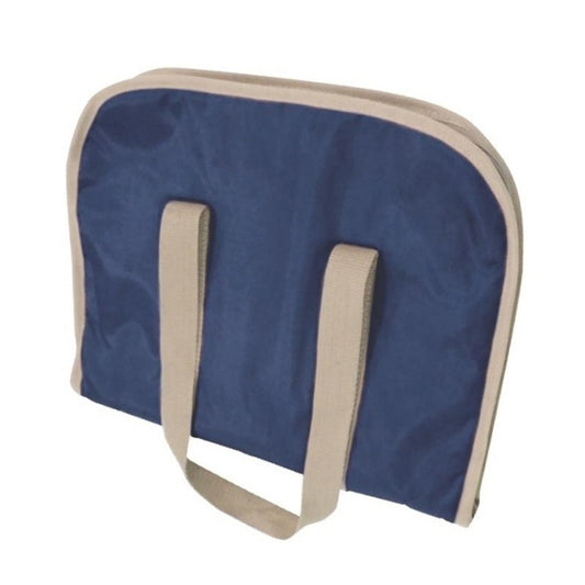 Blue bag with beige handles.