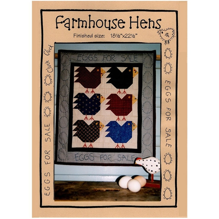 Wall hanging pattern cover of six hens with Eggs For Sale text.