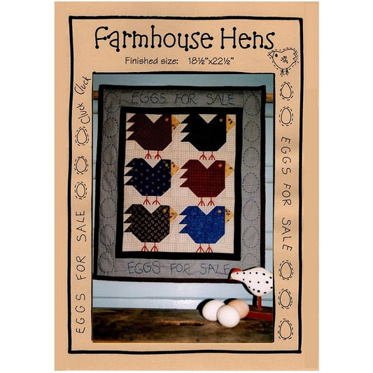 Wall hanging pattern cover of six hens with Eggs For Sale text.