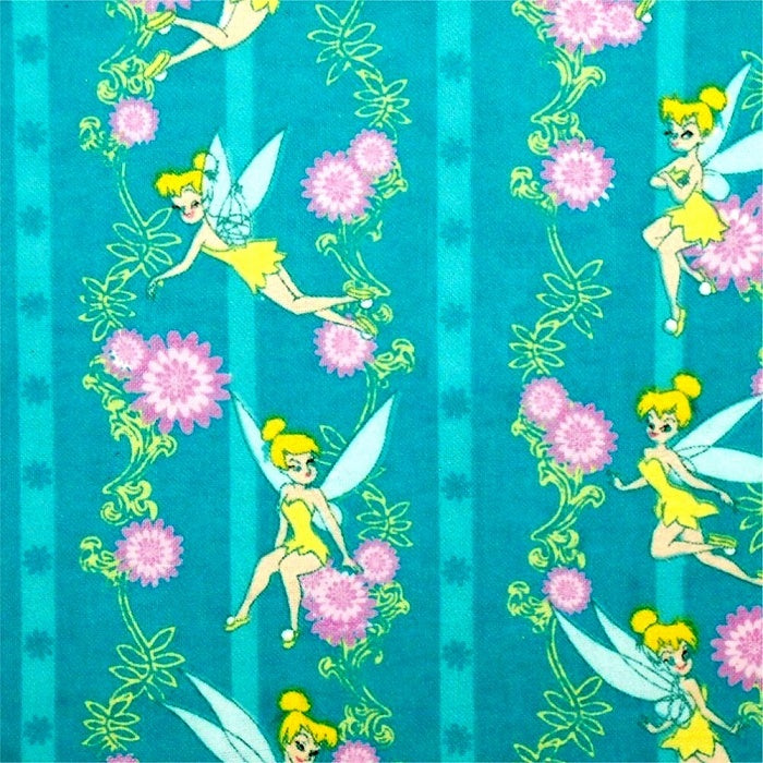 Fabric swatch with Tinkerbell and pink flowers. 