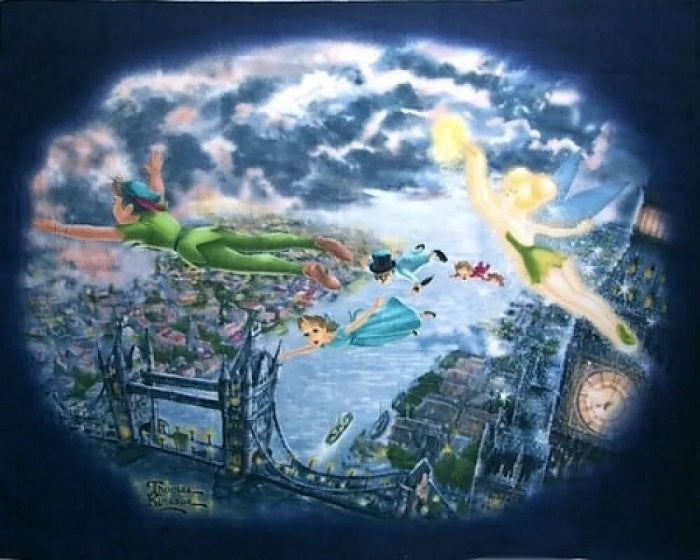 Fairy characters flying over a cityscape at night.
