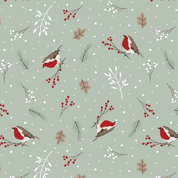 Red robins and Christmas foliage on a green grey background.
