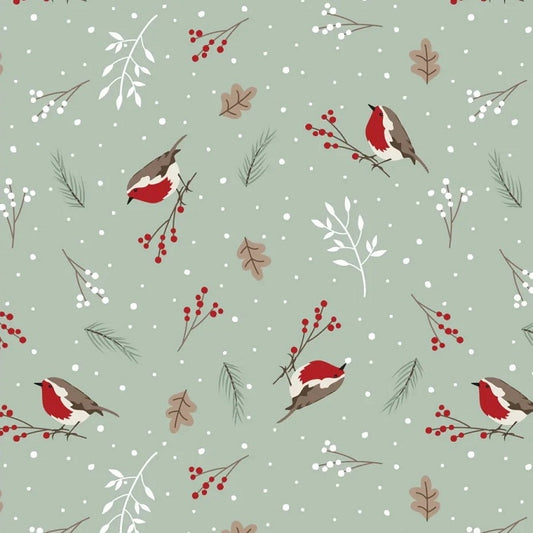 Red robins and Christmas foliage on a green grey background.