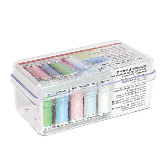 Clear thread storage box with Gutermann branding.