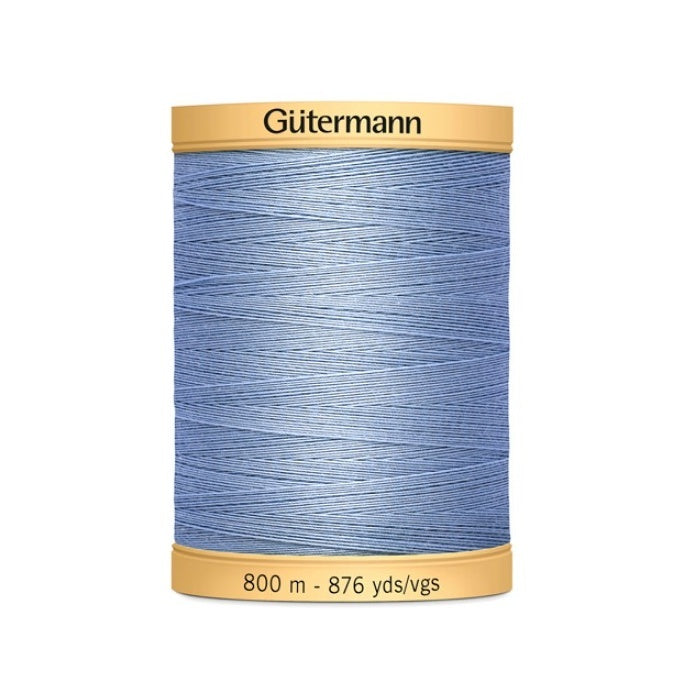Spool of light blue cotton thread with Gutermann 800m branding.