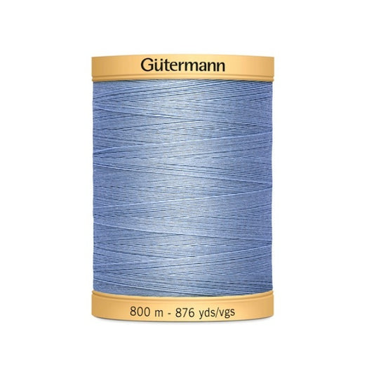 Spool of light blue cotton thread with Gutermann 800m branding.